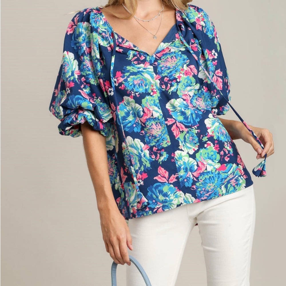 Umgee Floral Puff Sleeve Blouse - Blue and Pink